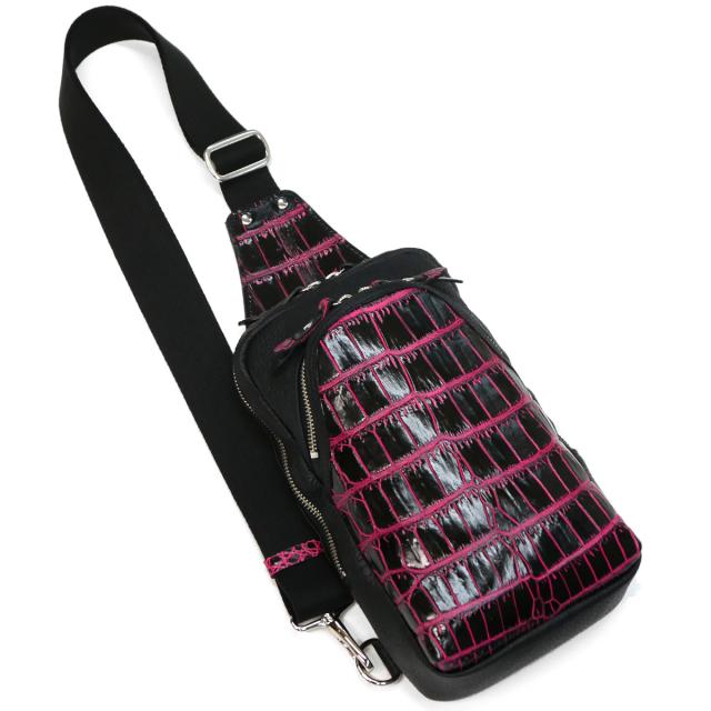 ボディバッグ メンズ レザー ショルダーバッグ 斜めがけ / 縦型 大容量 / 本革 ワニ革 クロコダイルレザー ネオンバリバー ピンク