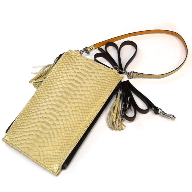 スリムファスナーポシェット タッセル付き ２タイプベルト付き 本革 へび 蛇 ヘビ ダイヤモンドパイソン ゼブラ ゴールド