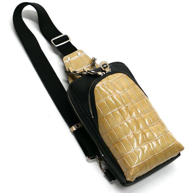 ボディバッグ メンズ レザー ショルダーバッグ 斜めがけ / 縦型 大容量 / 本革 クロコダイル革 ワニ革  グレージング ベージュ 2