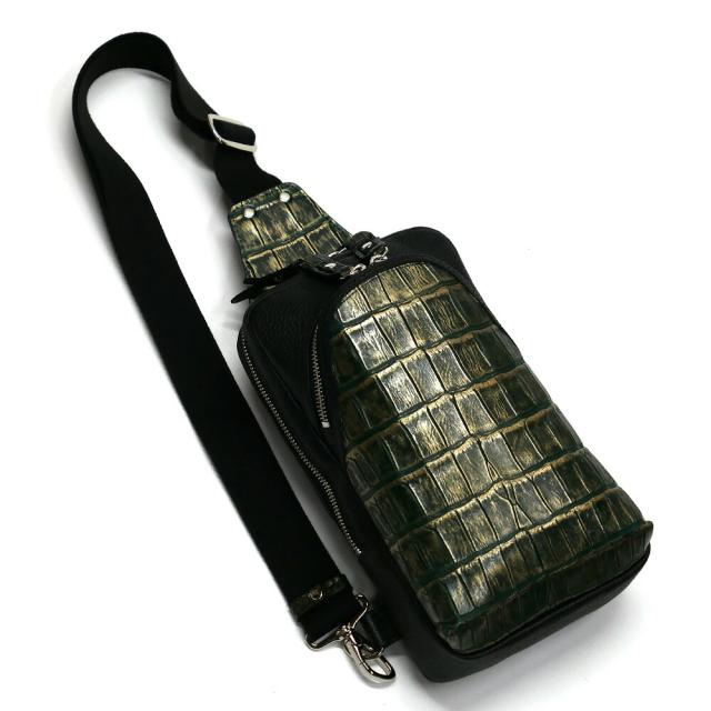 ボディバッグ メンズ レザー ショルダーバッグ 斜めがけ / 縦型 大容量 / 本革 クロコダイル革 ワニ革 ラグジュアリー グリーン 2