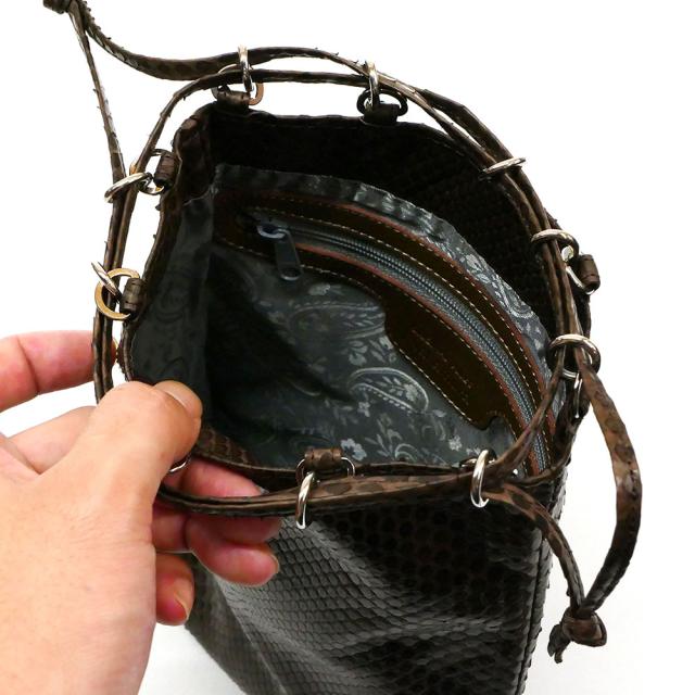 合切袋 巾着 巾着袋 / パイソン革 蛇革 モラレスパイソン革 チョコ 合切袋 巾着 ⁄本革 パイソン革 ⁄ モラレスパイソン チャコール グレー