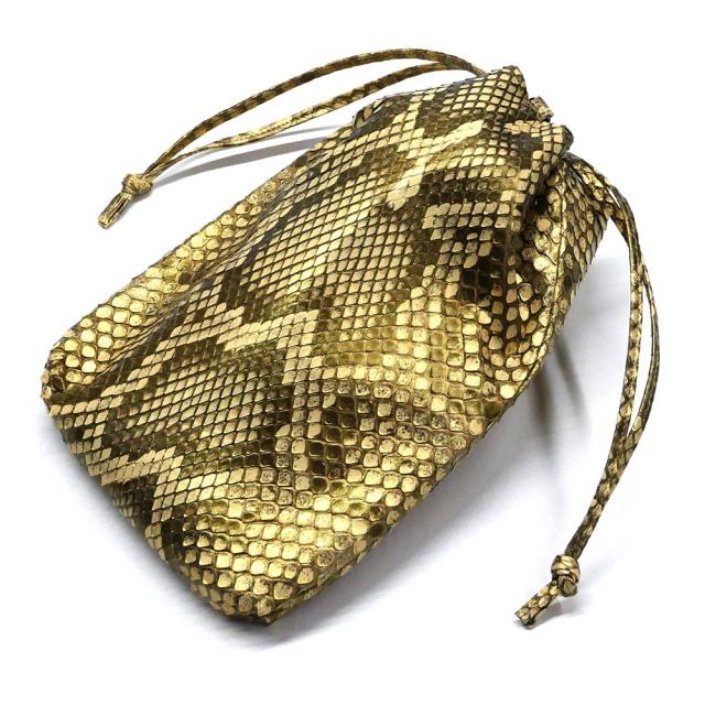 合切袋 巾着 /本革 パイソン革 / モラレスパイソン パールゴールド