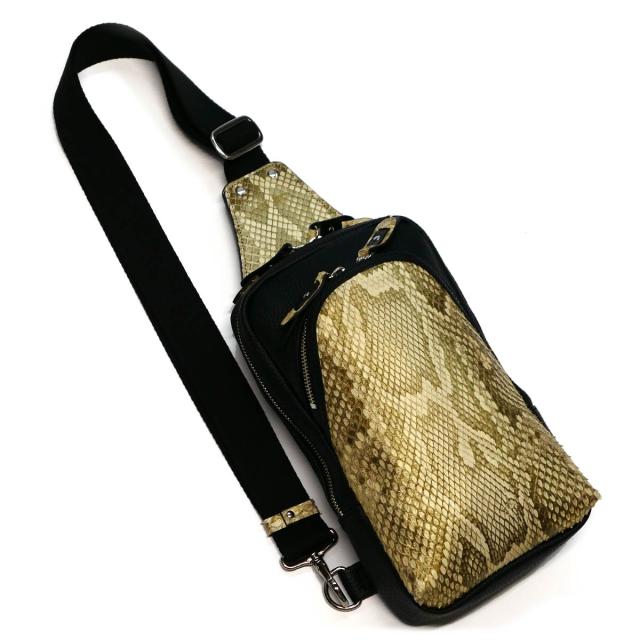 ボディバッグ メンズ レザー ショルダーバッグ 斜めがけ / 縦型 大容量 / 本革 パイソン革 蛇革 / モラレスパイソン パール ゴールド 2
