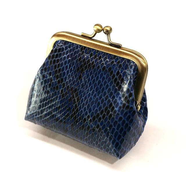 がま口 小物入れ 小銭入れ マルチケース  本革  パイソン革 蛇革 ヘビ革 グレージング 藍染