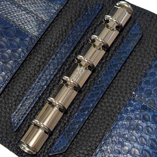 システム手帳 ミニ B7 6穴 / クラウゼバインダー 127mm 6穴 13mm径 / 本革 パイソン 藍染_5