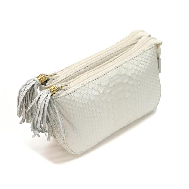 ダブルファスナーポーチ タッセル付き ポーチ 化粧ポーチ 本革 へび 蛇 ヘビ ダイヤモンドパイソン マット ホワイト
