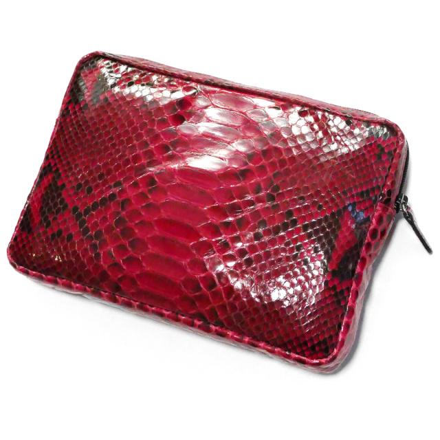 ポーチ 通しマチ / Lサイズ  / 本革 パイソン革 へび革 ヘビ革 ダイヤモンドパイソン / グレージング レッド