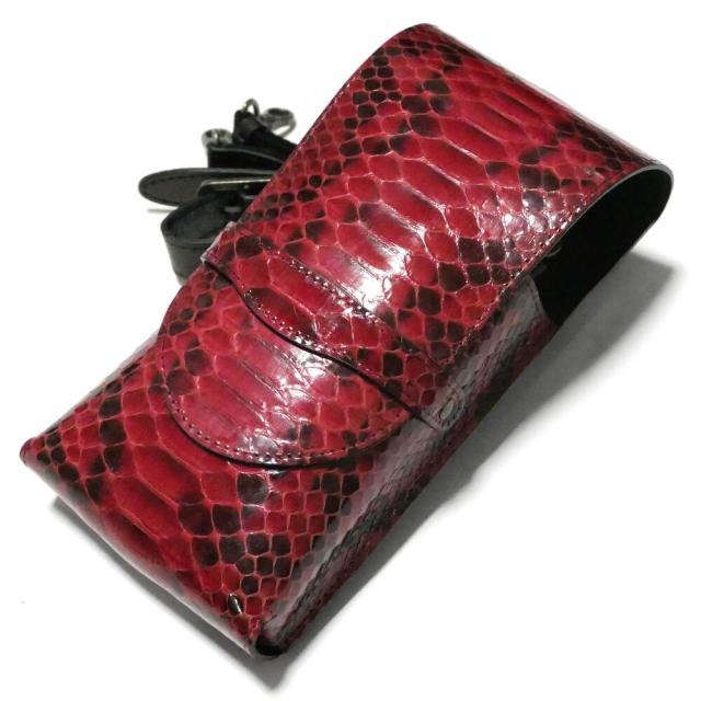 シザーケース シザーバック 美容師 トリマー 花屋 ベルト 革 ４丁 カバーあり ２WAY スリムタイプ スタイリスト アシスタント 美容 美容師 理容 理容師 / 本革 パイソン ダイヤモンドパイソン グレージング レッド