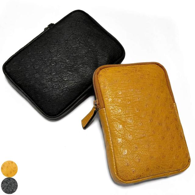 ポーチ マルチポーチ 通しマチ 縦型 本革 オーストリッチ マット