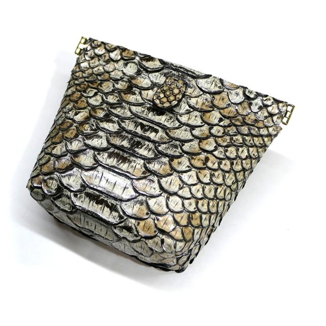 バネ口140 ポーチ 小物入れ マルチケース マチ付 本革 ダイヤモンドパイソン パイソン革 蛇革 ヘビ革 ラスター ベージュ