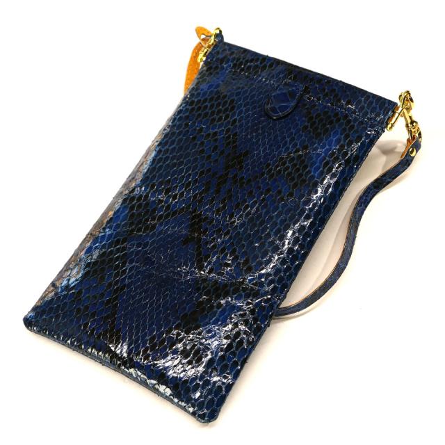 スマホポーチ スマホケース メンズ レディース iPhone Android メガネケース マルチケース バネ口金 縦型 薄型 本革 パイソン革 蛇革 ヘビ革 /  グレージング 藍染