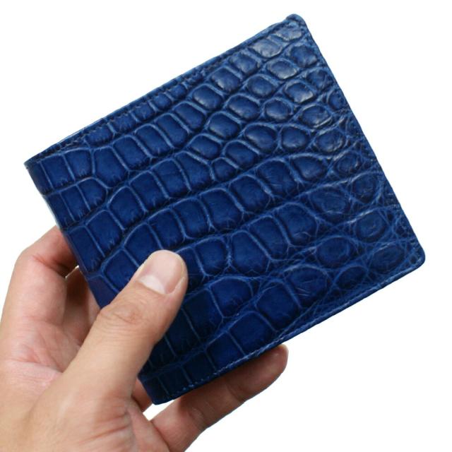 財布 二つ折り財布 メンズ レディース 折り財布 革財布 無双 札入れ 本革財布 クロコダイル革 財布 鰐 クロコ ボックス型 小銭入れ付 カード収納 藍染_1