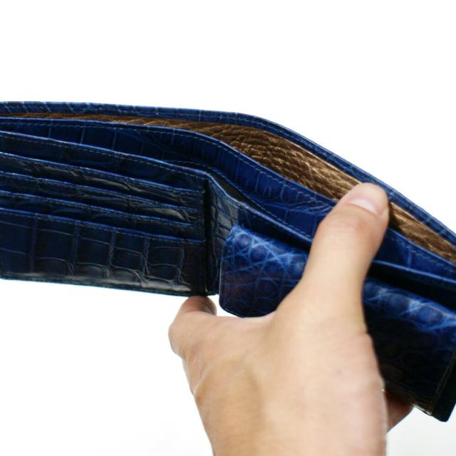 財布 二つ折り財布 メンズ レディース 折り財布 革財布 無双 札入れ 本革財布 クロコダイル革 財布 鰐 クロコ ボックス型 小銭入れ付 カード収納 藍染_3