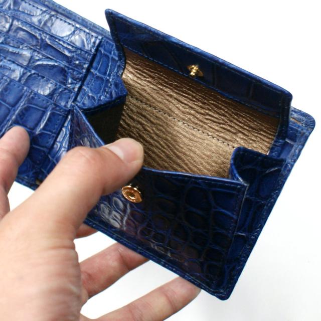 財布 二つ折り財布 メンズ レディース 折り財布 革財布 無双 札入れ 本革財布 クロコダイル革 財布 鰐 クロコ ボックス型 小銭入れ付 カード収納 藍染_4