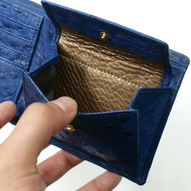 財布 二つ折り財布 折り財布 札入 オーストリッチ革 財布 駝鳥 駝鳥革 本革 レザー 小銭入れ付 レディース財布 メンズ財布 送料無料 藍染_4