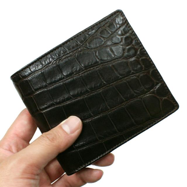 二つ折り財布 クロコダイル革 財布 鰐 クロコ 鰐革 財布 折り財布 レディース財布 メンズ財布 小銭入れ付 送料無料 札入 日本製 マット チョコ_1
