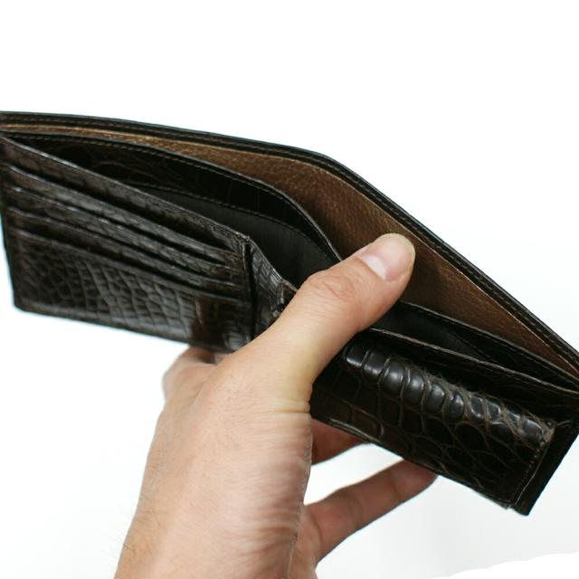 二つ折り財布 クロコダイル革 財布 鰐 クロコ 鰐革 財布 折り財布 レディース財布 メンズ財布 小銭入れ付 送料無料 札入 日本製 マット チョコ_3
