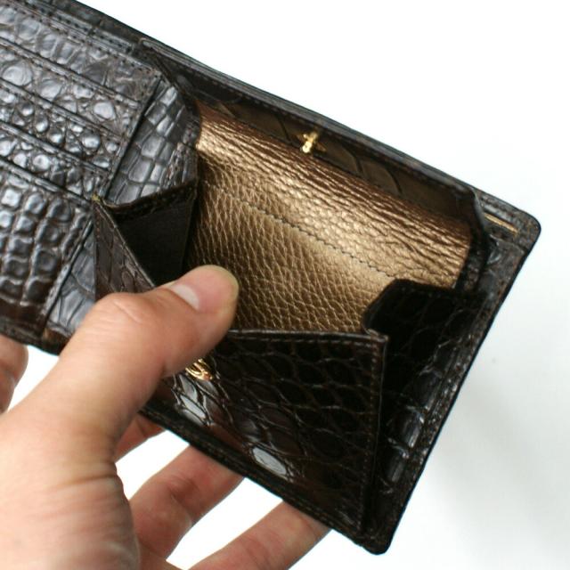 二つ折り財布 クロコダイル革 財布 鰐 クロコ 鰐革 財布 折り財布 レディース財布 メンズ財布 小銭入れ付 送料無料 札入 日本製 マット チョコ_4