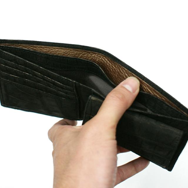 財布 二つ折り財布メンズ財布 クロコダイル 小銭収納あり 無双 全面 ワニ革 クロコ サイフ 折り財布 札入 日本製 ヌバック 吟擦り仕上げ ブラック 黒_3