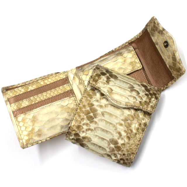 パイソン 財布 二つ折り財布 折り財布 革財布 札入れ 本革財布 蛇 ヘビ 革 牛革 かぶせホック付き 小銭入れ有り カード収納 日本製 パールゴールド