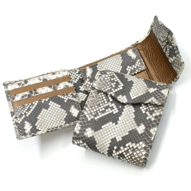 パイソン 財布 二つ折り財布 折り財布 革財布 札入れ 本革財布 蛇 ヘビ 革 牛革 かぶせホック付き 小銭入れ有り カード収納 日本製 マット ベリー