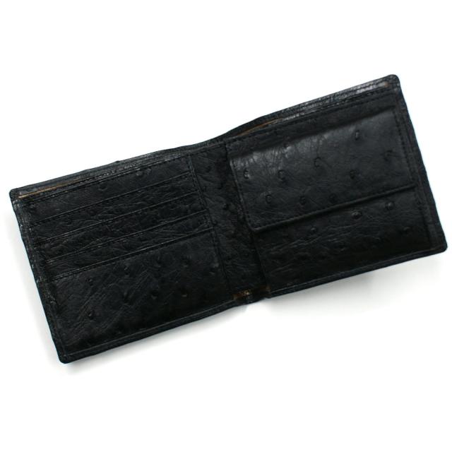 財布 二つ折り財布 折り財布 札入 オーストリッチ革 財布 駝鳥 駝鳥革 本革 レザー 小銭入れ付 レディース財布 メンズ財布 送料無料 黒 ブラック