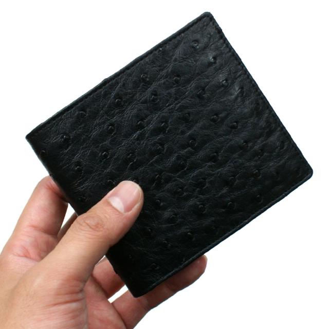 財布 二つ折り財布 折り財布 札入 オーストリッチ革 財布 駝鳥 駝鳥革 本革 レザー 小銭入れ付 レディース財布 メンズ財布 送料無料 黒 ブラック_1