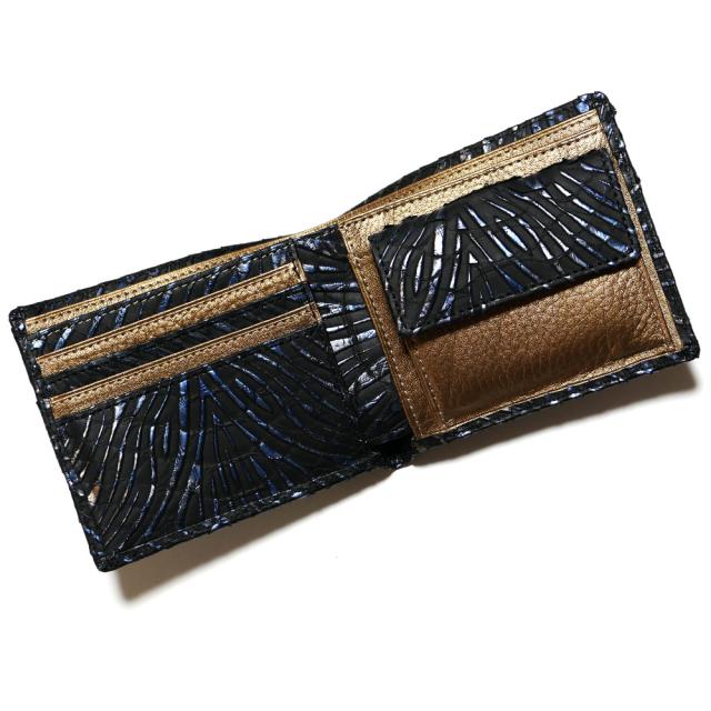 二つ折り財布 パイソン 財布 ダイヤモンドパイソン ヘビ 蛇 牛 小銭入れあり 本革 柄 型押し ウェーブ３_1