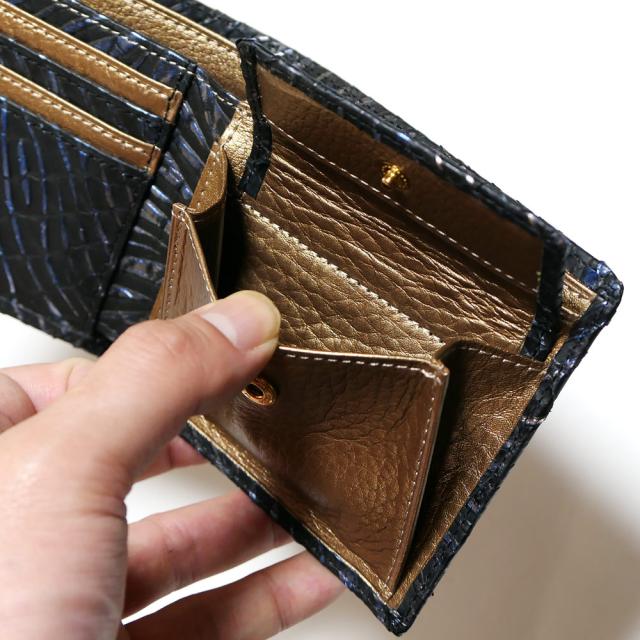 二つ折り財布 パイソン 財布 ダイヤモンドパイソン ヘビ 蛇 牛 小銭入れあり 本革 柄 型押し ウェーブ３_5