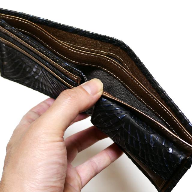 二つ折り財布 パイソン 財布 ダイヤモンドパイソン ヘビ 蛇 牛 小銭入れあり 本革 柄 型押し ウェーブ３_6