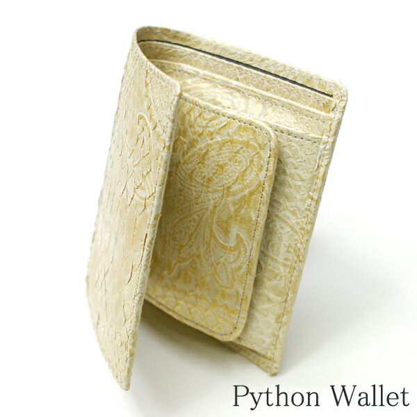 財布 蛇革財布 二つ折り財布 折り財布 / ボックス型 小銭入れ付 カード収納 / レディース財布 メンズ財布 / パイソン 革 へび ヘビ 蛇 日本製 / ペイズリー柄 ゴールド
