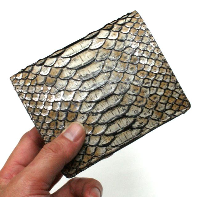 パイソン 財布 二つ折り財布 折り財布 / ボックス型 小銭入れ付 カード収納 / レディース財布 メンズ財布 / 革 へび ヘビ 蛇 日本製 / ダイヤモンドパイソン ラスター ベージュ_1