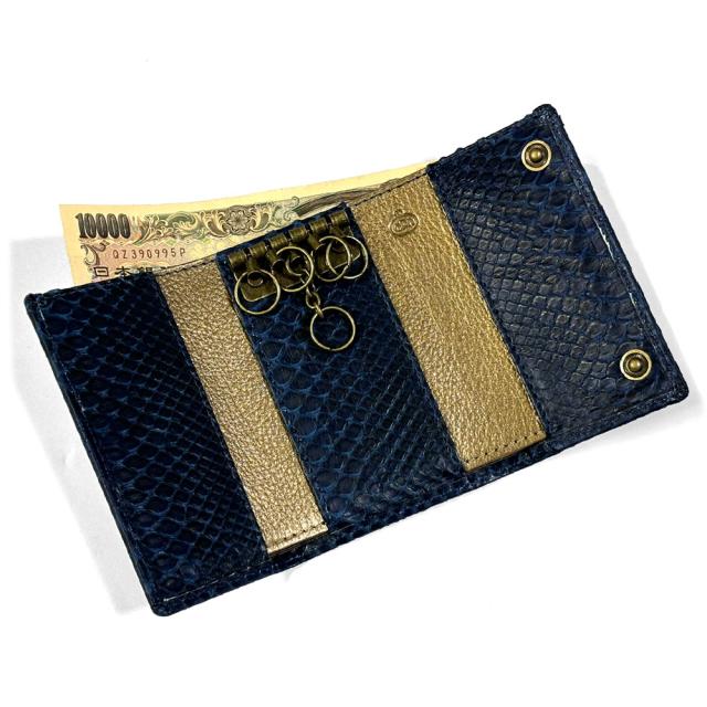 キーケース 札入れ付き 5連 三つ折り メンズ レディース 本革 パイソン 藍染