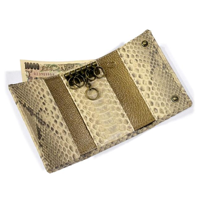 キーケース 札入れ付き 5連 三つ折り メンズ レディース 本革 パイソン マット