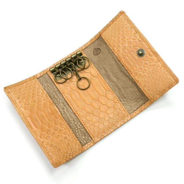 キーケース 本革 キーホルダー パイソン革 蛇革 へび革 レザー 5連金具 キーケース メンズ レディース ギフト プレゼント ハーフブリーチ オレンジ