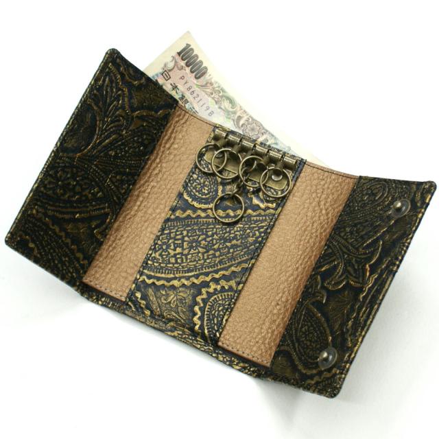 キーケース 札入れ カード入れ キーホルダー 5連金具 蛇革 パイソン革 本革 レザー小物 日本製 メンズ レディース ギフト プレゼント日本製 ペイズリー柄 ダークイエロー