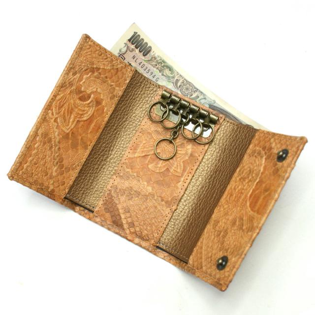キーケース 札入れ カード入れ キーホルダー 5連金具 蛇革 パイソン革 本革 レザー小物 日本製 メンズ レディース ギフト プレゼント日本製 ペイズリー柄 オレンジ