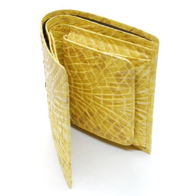 パイソン 財布 二つ折り財布 折り財布 / ボックス型 小銭入れ付 カード収納 / レディース財布 メンズ財布 / 革 へび ヘビ 蛇 日本製 / ウェーブ風型押し仕上げ イエロー