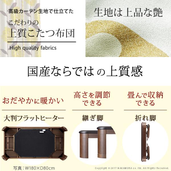 こたつ 長方形 大判 楢ラウンド折れ脚こたつ-フラットリラ 180x80cm 日本製厚手カーテン生地の北欧柄こたつ布団セット テーブル 天然木 日本製 リモート 在宅_1
