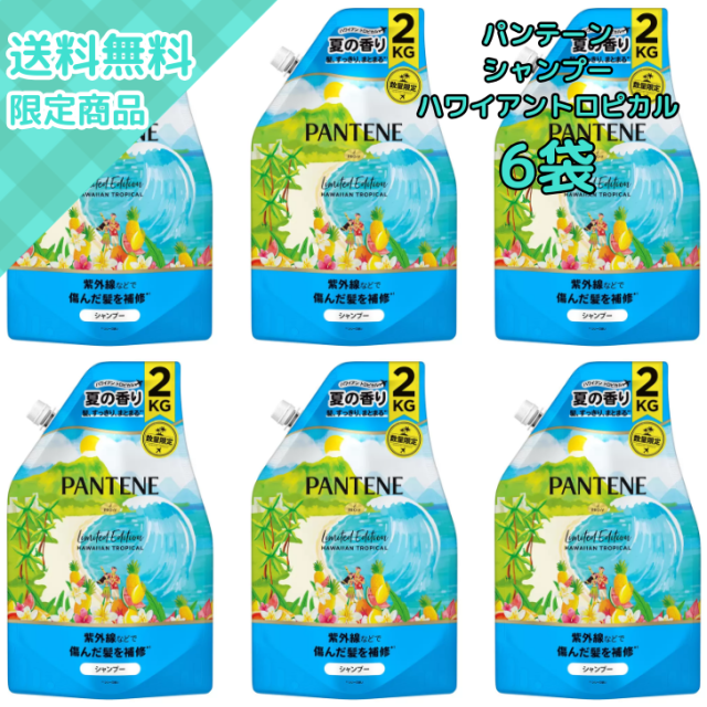 6袋 Pantene パンテーン ダメージリペア ハワイエディション シャンプー 詰め替え用 2000ml 超特大サイズ 夏限定のトロピカルフルーティーな香り PRO?V処方（パンテノール浸透性保湿）紫外線ダメージ補修 サラつや髪へ 家族用 お風呂ストック用 業務用 コストコ販売モデル