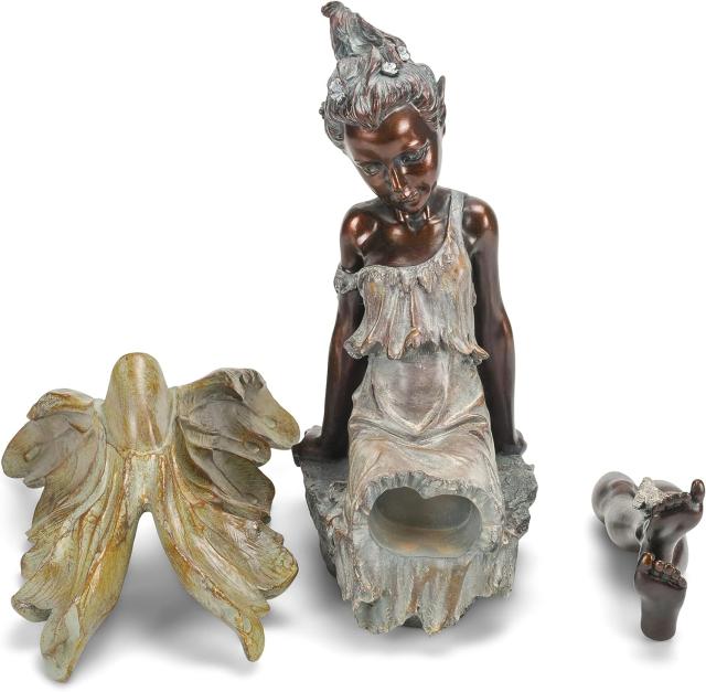足に小鳥をとまらせた妖精フェアリー ブロンズトーン彫像 ガーデン装飾彫像 アート工芸 庭装飾 庭園 芝生 贈り物 輸入品_4