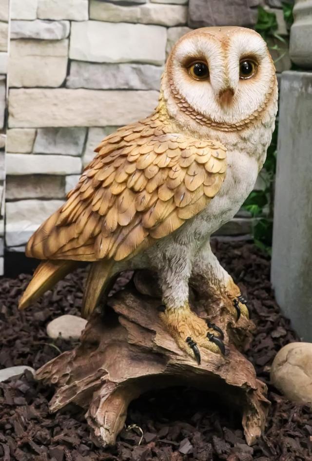 リアルな自然野生生物 木の切り株にとまるメンフクロウ彫像 ガラスの目置物彫刻 カフェ 贈り物 輸入品_8