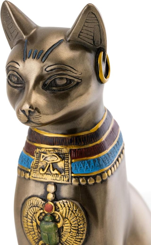 古代エジプトのバステト神 猫神 リアルブロンズ彫像、彫刻 アンク