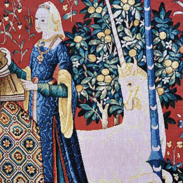 西洋美術 貴婦人と一角獣 「聴覚」 オルガンを弾く女神 中世アートジャガード織 ファインタペストリー  壁掛けインテリア装飾_6
