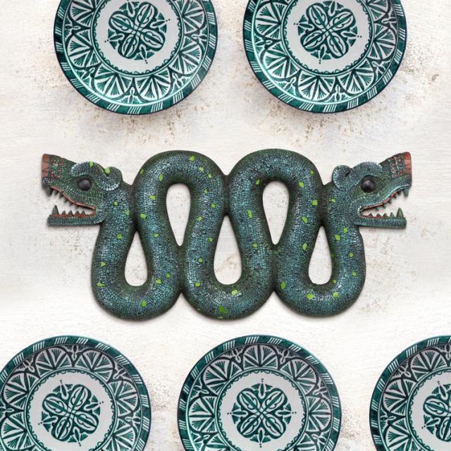 古代アステカの双頭の蛇の壁彫刻壁飾りターコイズ色モザイクヘビ装飾