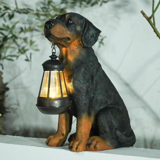 ソーラーランタンを咥えたラブラドールの子犬屋外装飾LEDライト屋外ガーデンデコ装飾置物パティオ輸入品_6