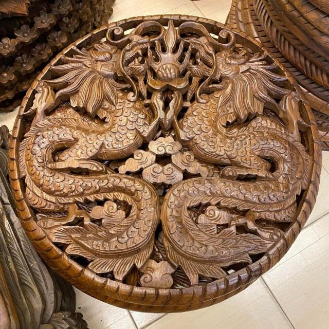 即納！直径約61cm中華風ダブルドラゴン双竜チーク材木製彫刻 吊り下げ式