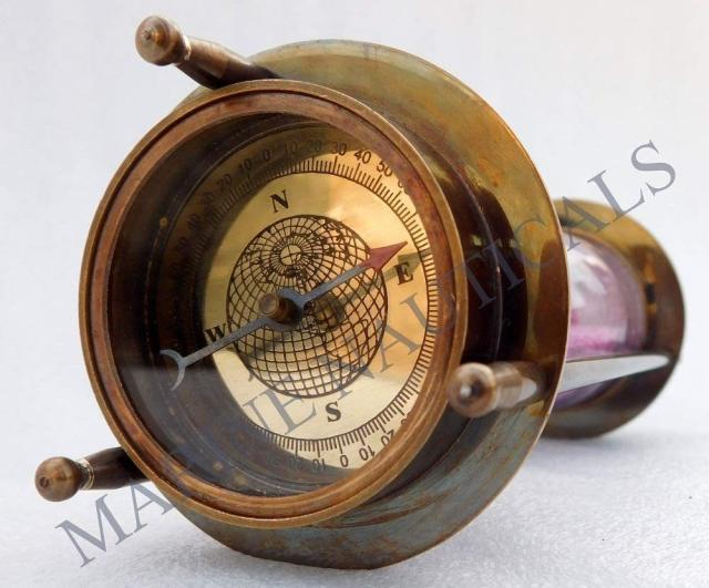 コンパス(羅針盤)が付いた、真鍮製 砂時計 海事 テーブル装飾 高さ17.1ｃｍ/ マリーンインテリア ボートハウス 水族館 書斎（輸入品）_4