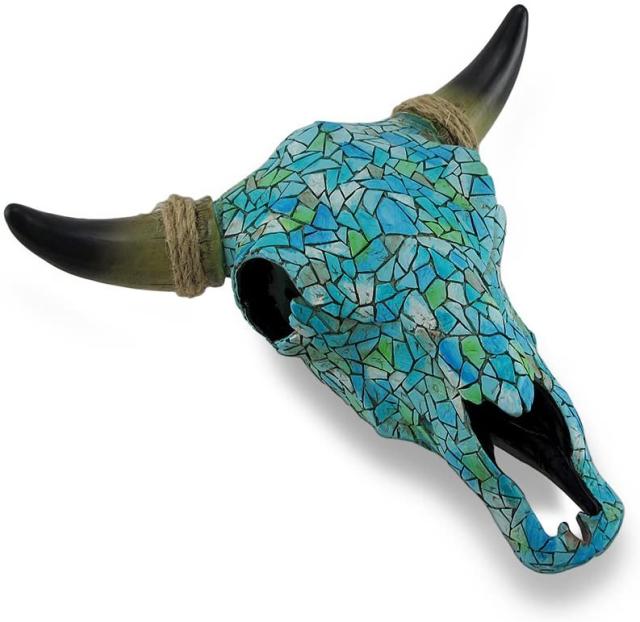 牛の頭蓋骨 スカル モザイク ターコイズ 仮面彫刻置物オブジェ