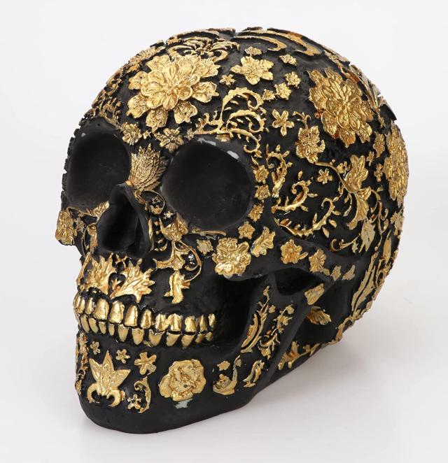 金色のフラワーデザインがあしらわれた、モダンな頭蓋骨の彫像 装飾貯金箱/ 贈り物（輸入品）_2